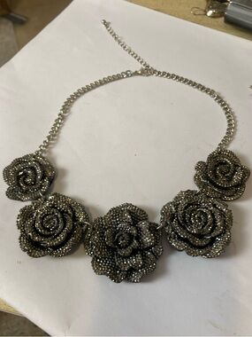 Sparkly Black Rose Statement Necklace with silver tone chain- 16-19.5 inches